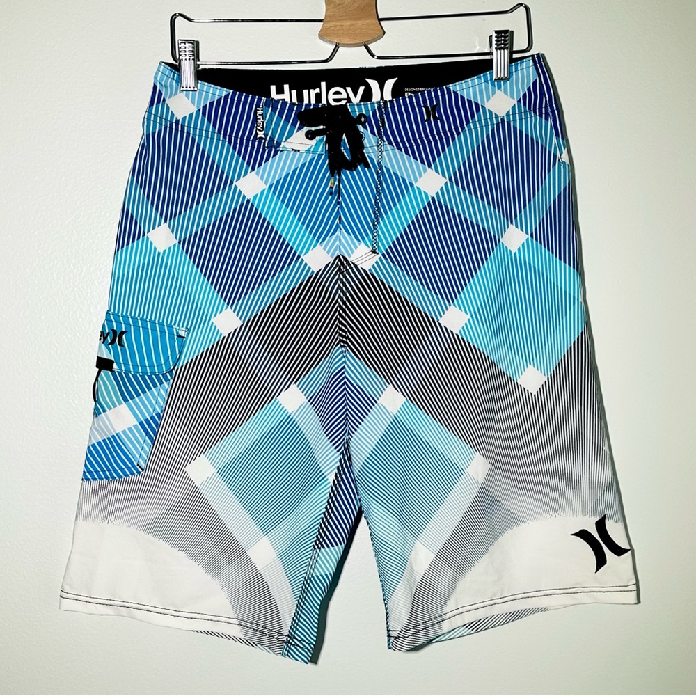Men's Hurley Swim Board Shorts Blue Geometric Cargo Pocket Drawstring Size 30